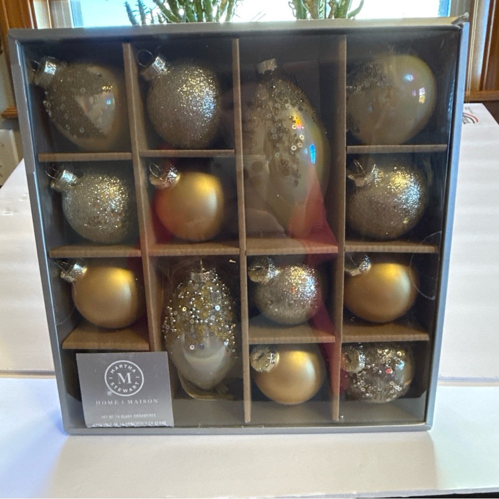 Martha Stewart Set of 14 Gold and Silver Glass Holiday Ornaments NIB